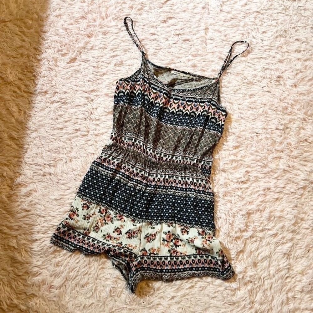 Patchwork Striped Boho Floral Paisley Whimsical Indie Open Back Romper Womans L